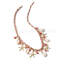 Summer Beach Natural Cowrie Shell & Glass & Alloy Starfish Pendant Double Layered Necklaces for Women&nbsp;FS-WGA7A0B-01