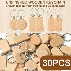 30Pcs 3 Style Rectangle/Flat Round Wooden Blank Engravable Tags Keychain&nbsp;KEYC-YW0001-08