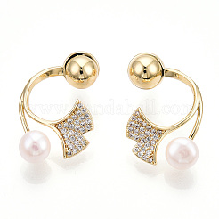 Ginkgo Leaf Natural Pearl Front Back Stud Earrings with Cubic Zirconia&nbsp;PEAR-N020-05Q