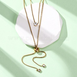 304 Stainless Steel Crystal Rhinestone Flat Round Box Chain Double Layer Slider Lariat Necklaces&nbsp;NJEW-K291-01G