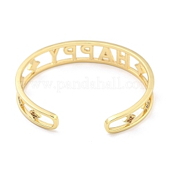 Word Happy Brass Micro Pave Colorful Cubic Zirconia Open Cuff Bangles for Women&nbsp;BJEW-Z062-21G