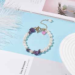 Natural Amethyst & Pearl Beaded Bracelet with Alloy Enamel Heart Charms&nbsp;BJEW-JB08039-03