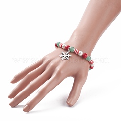 Natural Green Aventurine & Mashan Jade & Shell Pearl Stretch Bracelet with Christmas Snowflake Alloy Charm&nbsp;BJEW-TA00089