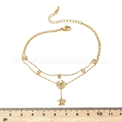 304 Stainless Steel Pave Clear Cubic Zirconia Charm 2-Strand Anklets for Women&nbsp;AJEW-K054-01C-G