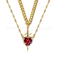 2Pcs Sword & Heart Zinc Alloy Light Siam Rhinestone Pendant Double Layer Necklaces for Women&nbsp;FS-WG484C5-01