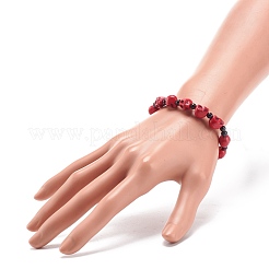 Natural Mashan Jade Skull & Synthetic Turquoise(Dyed) Beaded Stretch Bracelet&nbsp;BJEW-JB08377