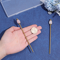 2Pcs Natural Rose Quartz Barrel Bead with Brass Hair Sticks&nbsp;OHAR-PH00014