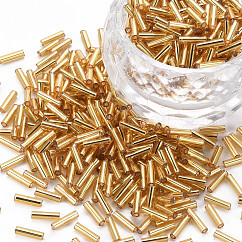 Plated Glass Bugle Beads, Metallic Colours, Goldenrod, 6~7x2mm, Hole: 1mm, about 10000pcs/Pound