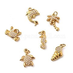 304 Stainless Steel ABS Imitation Pearl Pendants, Ocean Collection Charms, Ion Plating(IP), Real 18K Gold Plated, with Jump Ring, Mixed Shapes, 8.5~14.5x5.5~12x3~4mm, Hole: 2.4mm