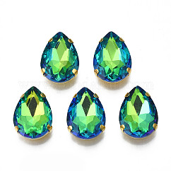 Sew on Rhinestone, Multi-strand Links, Glass Rhinestone, with Golden Plated 201 Stainless Steel Prong Settings, Garments Accessories, Faceted, Teardrop, Light Green, 18x13x6.5mm, Hole: 1mm