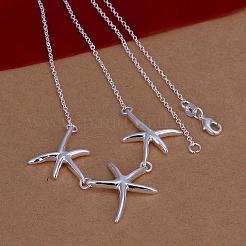 Popular Silver Color Plated Brass Three Starfish Pendant Necklaces For Women&nbsp;NJEW-BB12778