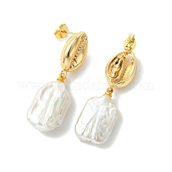 Nuggets with Shell Shape Natural Amber & Natural Cultured Freshwater Pearl Dangle Stud Earrings&nbsp;EJEW-JE07023