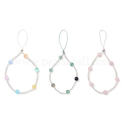 3Pcs 3 Colors Dyed Natural Selenite & Rainbow Fluorite & Rose Quartz & Glass Seed Round Beaded Phone Hand Strap Chains&nbsp;HJEW-JM03363