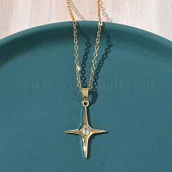 Brass Pave Clear Cubic Zirconia Star Pendant 304 Stainless Steel Chain Necklaces for Women&nbsp;NJEW-D341-07G