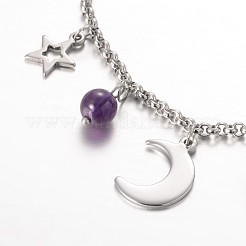 Moon & Star Stainless Steel Gemstone Charm Bracelets&nbsp;BJEW-JB01935-03