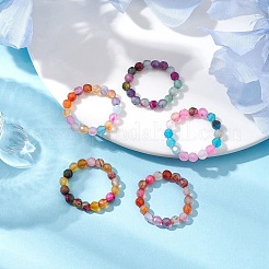 Dyed & Heated Round Natural Agate Beads Stretch Rings for Women&nbsp;RJEW-JR00694