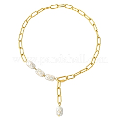 Adjustable 304 Stainless Steel Paperclip Chain Natural Baroque Keshi Pearl Rectangle Y Necklaces&nbsp;NJEW-JN06020