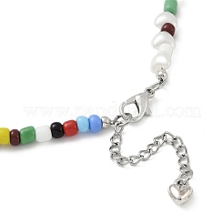 Bohemian Round Glass Seed Beaded Necklaces with Antique Silver Tone Alloy Heart Charms&nbsp;NJEW-JN05216