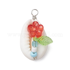 Natural Cowrie Shell & Acrylic & Glass Seed Beads Flower Shell Shaped Pendants&nbsp;PALLOY-JF03819