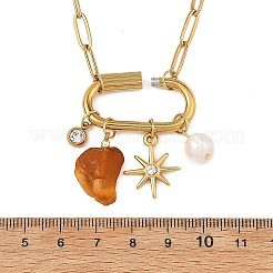 Nuggets Natural Amber & Natural Freshwater Pearl Pendant Necklaces&nbsp;NJEW-JN06494