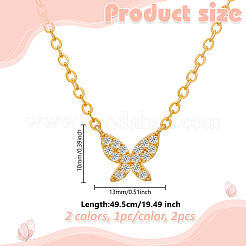 2Pcs 2 Colors Brass Micro Pave Clear Cubic Zirconia Butterfly Pendant Iron Chain Necklaces for Women&nbsp;NJEW-HY0001-20