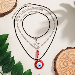 Alloy & Iron Chain & Evil Eye Acrylic Pendant Imitation Leather Wax Cord 3 Layered Necklaces&nbsp;FS-WG27ECA-03