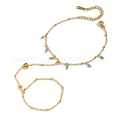 Synthetic Turquoise Round Tassel 304 Stainless Steel Heart Hand Chain Ring Bracelets for Women&nbsp;NM6951