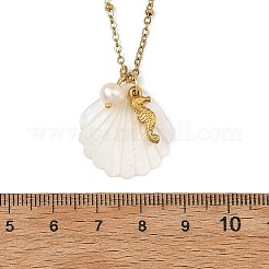 Summer Beach Natural Carved White Shell & 304 Stainless Steel Sea Animals Pendant Satellite Chain Necklaces&nbsp;NJEW-JN06505