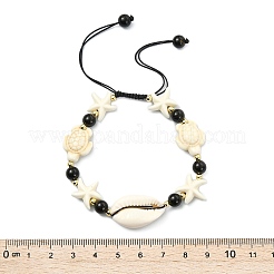 2Pcs Natural Cowrie Shell & Black Tourmaline & Malaysia Jade Beads & Synthetic Turquoise Beaded Adjustable Bracelets Set for Women&nbsp;BJEW-JB13917
