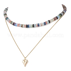 Alloy Heart Pendant Imitation Jade Glass Rondelle Beaded Double Layedred Necklaces&nbsp;NJEW-JN05529-01
