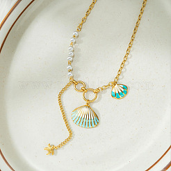 Summer Beach 304 Stainless Steel Enamel Shell Shape Pendant Necklaces with White Plastic Pearl for Women&nbsp;WGC94A0-01