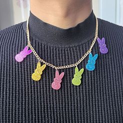 Easter Rabbit Acrylic Glitter Pendant Bib Necklaces with Alloy Chains&nbsp;FS-WG2FC95-02