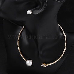 Round Plastic Imitation Pearl Stud Earrings & Heart Cubic Zirconia Rhinestone Cuff Choker Necklaces Sets&nbsp;SJEW-U003-10G