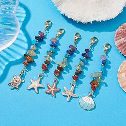 Starfish/Shell/Turtle Alloy Enamel Charms & 7 Chakra Gemstone Chips Beaded Pendant Decoration&nbsp;HJEW-JM01205