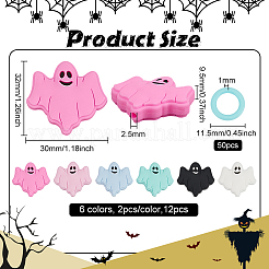 12Pcs 6 Colors Halloween Ghost Food Grade Eco-Friendly Silicone Beads with 50Pcs Plastic Knitting Stitch Marker Rings&nbsp;SIL-BC0001-10