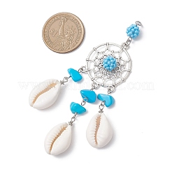 Alloy Woven Web/Net with Synthetic Turquoise Chip Beads and Natural Cowrie Shell Tassel Big Pendants&nbsp;PALLOY-MZ01090