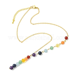 Chakra Round Natural Gemstone Beaded Pendant Brass Cable Chain Necklaces for Women&nbsp;NJEW-JN06266