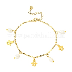 304 Stainless Steel & Electroplated Glass Natural Cultured Freshwater Pearl Charm Bracelets&nbsp;BJEW-JB13978