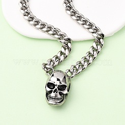 304 Stainless Steel Skull Pendant Cuban Link Chain Necklaces Hand Polished&nbsp;NJEW-C099-06AS