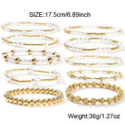 Brass and Imitation Pearl Round Beaded Stretch Bracelet Sets&nbsp;LM1337