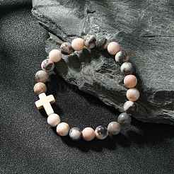 Natural Pink Zebra Jasper & Synthetic Turquoise Cross Beaded Stretch Bracelet&nbsp;BJEW-JB09791