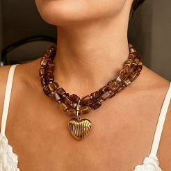 316 Surgical Stainless Steel Heart Resin Beaded 3 Layer Necklaces for Women&nbsp;WG11269-01