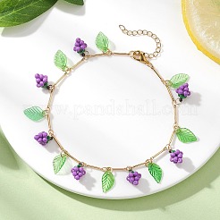 Acrylic Leaf & Glass Seed Beaded Grapes Tassel Brass Bar Link Chain Anklets for Women&nbsp;AJEW-MZ00008-01