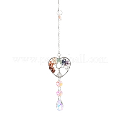 Wire Wrapped Chakra Natural Mixed Stone Heart with Tree of Life Pendant Decorations&nbsp;HJEW-K046-02P-03