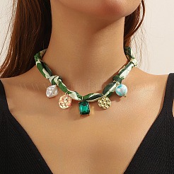 Rectangle Alloy Enamel & Resin & Green Glass & Plastic Pearl & Rhinestone Tassel Scarf Choker Necklaces&nbsp;FS-WG248CD-10