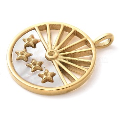 304 Stainless Steel Pave Natural White Shell Flat Round with Star Pendants&nbsp;STAS-Q345-32G