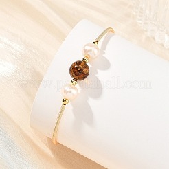 Round Natural Amber and Pearl Beads Brass Cuff Bangles&nbsp;BJEW-JB14464