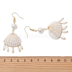Natural Cultured Freshwater Pearl & Spiral Shell Dangle Earrings&nbsp;EJEW-TA00811