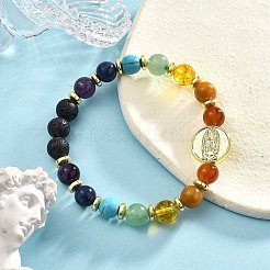 Dyed Natural & Synthetic Mixed Gemstone & Brass Virgin Mary Beaded Stretch Bracelet&nbsp;BJEW-JB09321