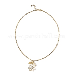 Brass Enamel Flower & Natural Pearl Pendant 304 Stainless Steel Paperclip Chain Necklaces for Women&nbsp;NJEW-JN06358